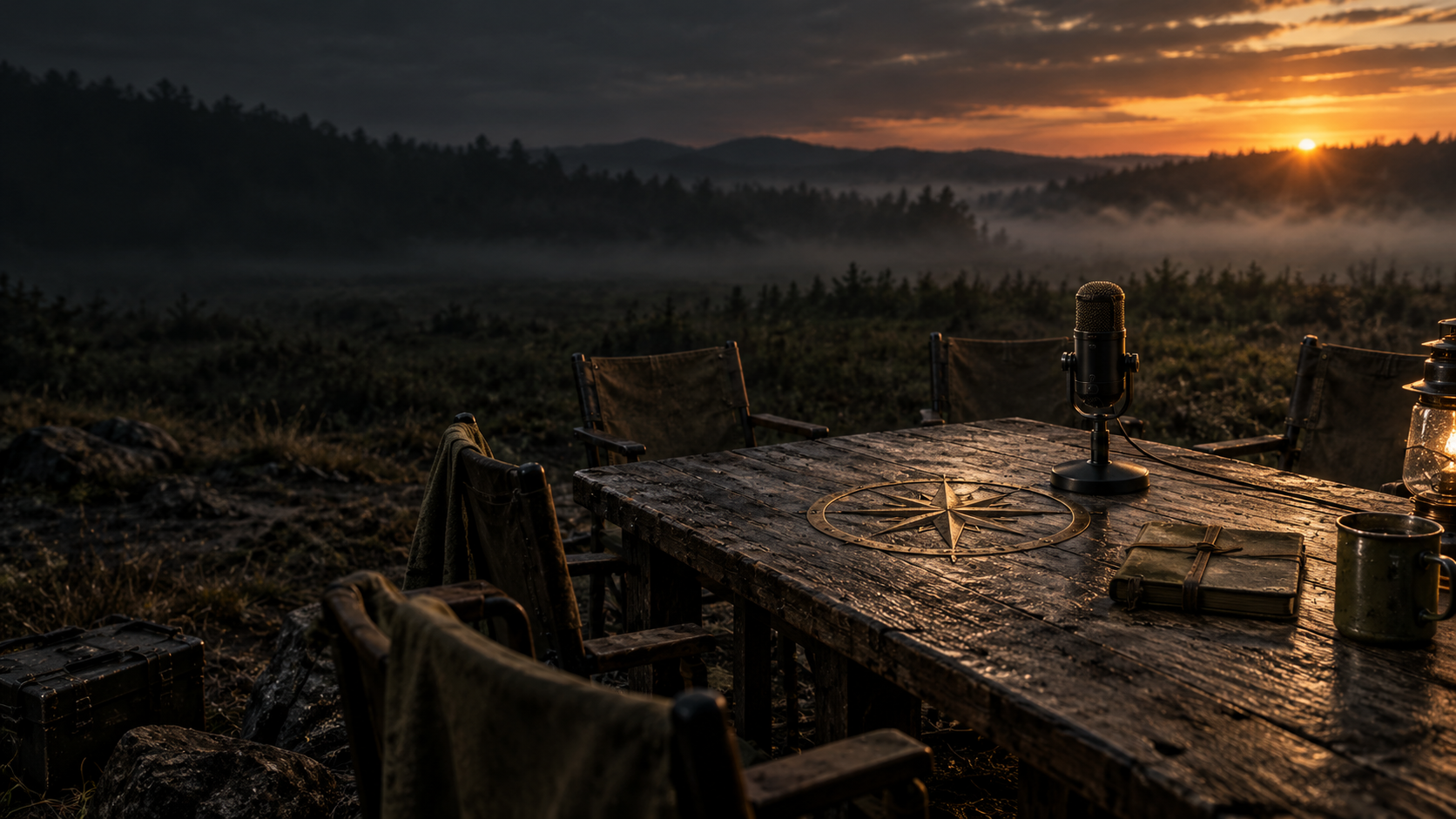 A microphone waiting at a weathered rally table overlooking mountain terrain at sunrise